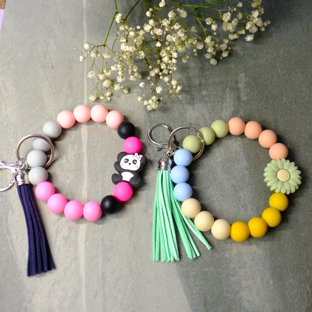 Fun Beaded Wristlet Keychain Handmade Tassel Key Ring Panda Flower